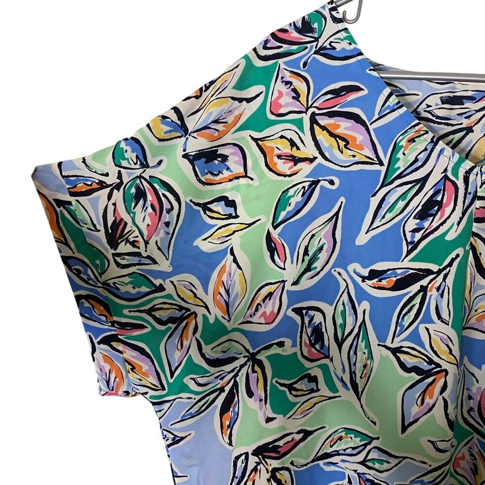 Boho Leaf Print Blouse • Cotton Bleu 1X • Cap Sleeve • Made in USA - Picture 3 of 6